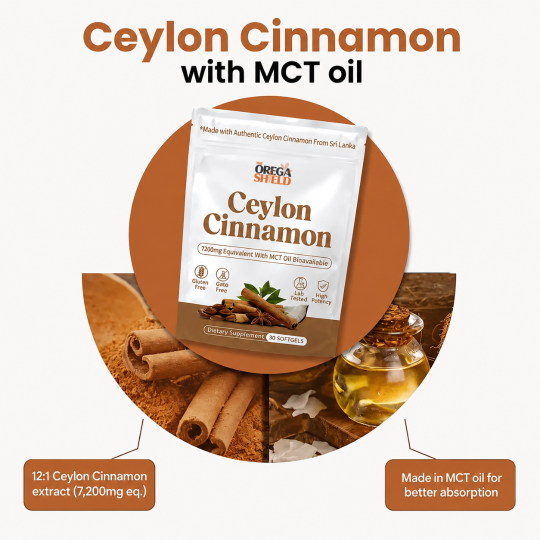 The Orega Shield Ceylon Cinnamon 7200mg with MCT Oil - front view