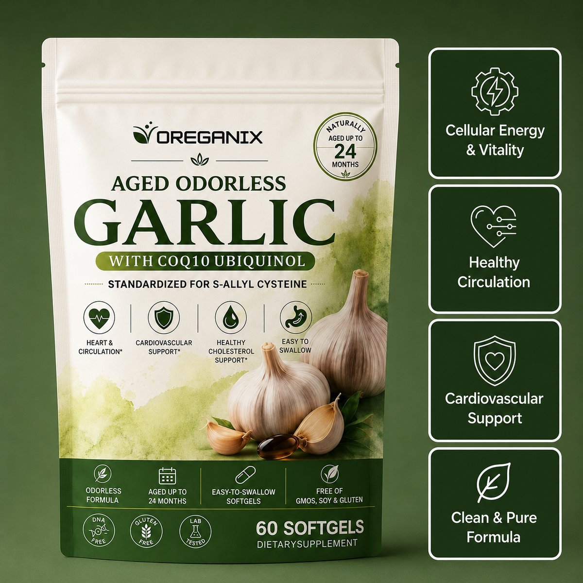 The Orega Sheild Aged Odorless Garlic Softgels