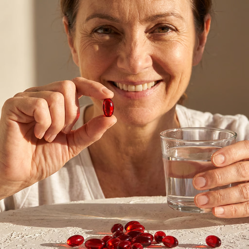 Woman holding The Orega Shield Astaxanthin softgel